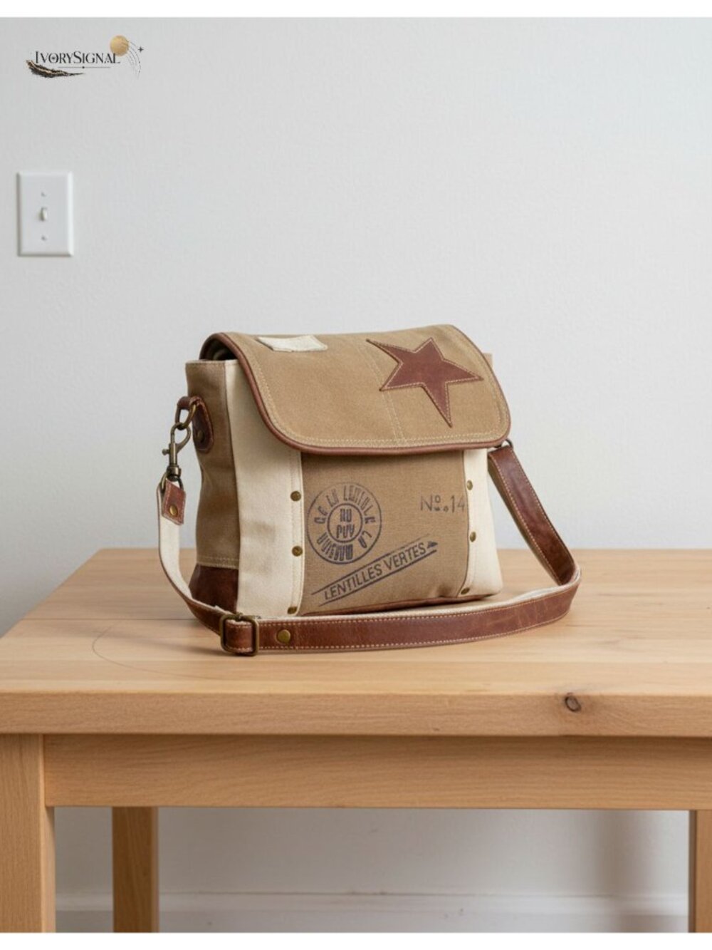 Canvas Star Shoulder Bag Buffalo Leather Strap Handcrafted Purse